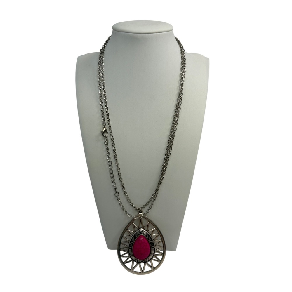 Boho Silver Tone Pink Faux Stone Teardrop Pendant Long Chain Necklace‎ Statement
